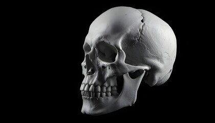 Obraz premium A close-up view of a human skull with a cracked surface on a black background