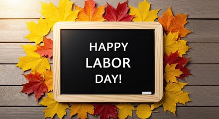 Happy labor day celebration with colorful fall leaves and chalkboard sign