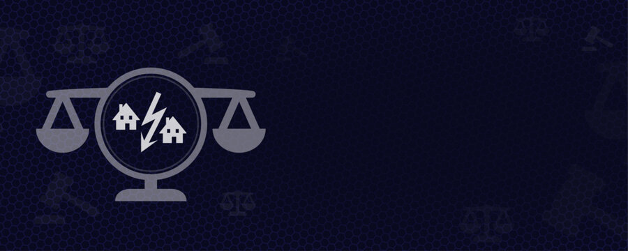 Real Estate Dispute and Housing Law Concept with House Icons and Lightning Bolt on Scales of Justice Vektor Background with Copy Space
