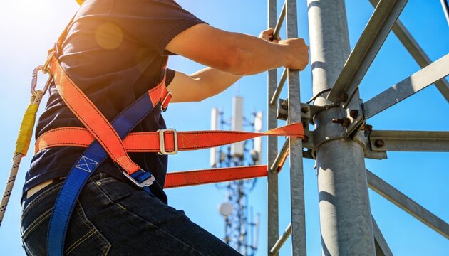 Medium shot of a worker wearing safety harness climbing a cell tower under sunny blue sky with blurred background of distant antennas.