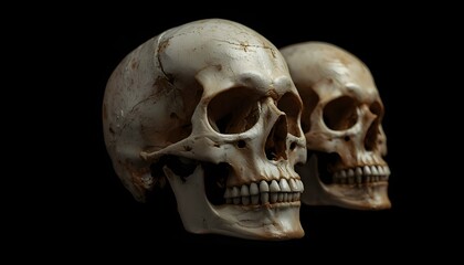 Obraz premium Two human skulls facing right on a black background, symbolizing mortality and the human condition.
