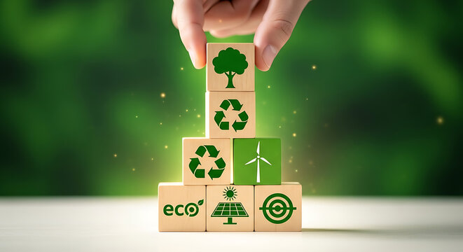 Sustainable energy and ecological conservation icons on stacked wooden blocks