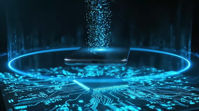 Futuristic smartphone floating over a circuit board with glowing data