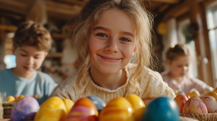 Fototapeta premium A young girl is smiling and holding a basket of Easter eggs