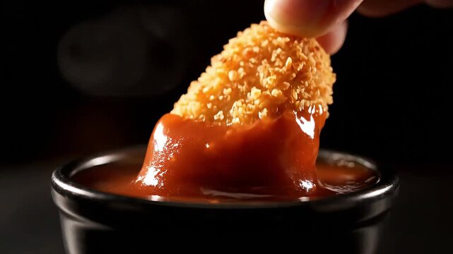 Close-up of a chicken nugget being dipped in a bowl of sauce