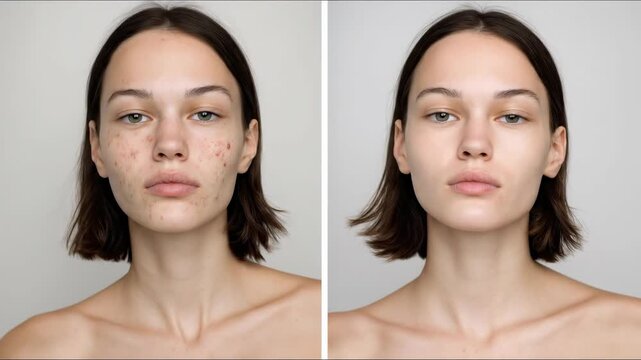 Young woman's face, before and after effective care for problematic skin, reducing acne, pimples, visible pores, clear complexion, cosmetic foundation