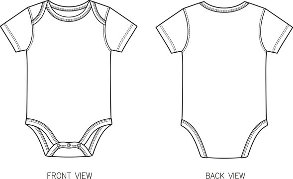 Baby bodysuit technical flat sketch template, infant onesie vector illustration, cad drawing flat vector illustration, bodysuit.