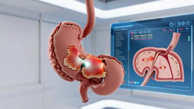 Animated human kidney model with glowing tumor in medical setting with monitor displaying kidney diagram