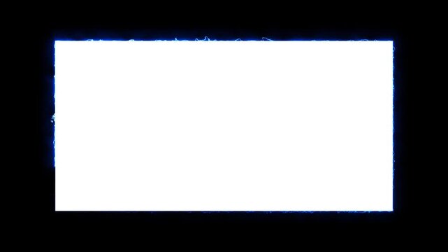 glowing electric white rectangle frame animation with blue energy border. neon electric frame overlay animation with glowing edge effect. futuristic energy rectangle border animation for video overlay