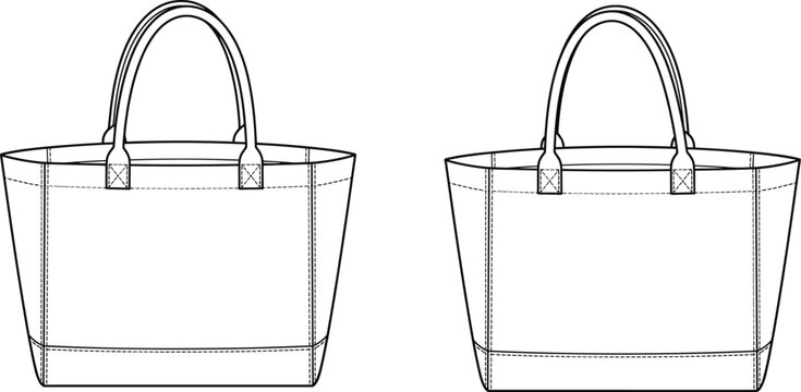 Tote bag fashion technical sketch cad drawing flat vector illustration with front and back views,