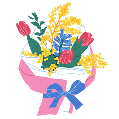 Naklejka premium Beautiful Tulip, mimosa bouquet. Spring fresh flowers wrapped in gift paper with ribbon. Hand drawn trendy Vector illustration. Isolated floral design element. Invitation, card, print template