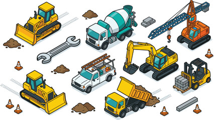 Isometric heavy construction machinery icons set, yellow excavator, bulldozer, crane, truck vector illustration © VectoVerse