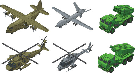 Isometric military vehicles set, cargo plane, drone, rocket launcher truck, and helicopter vector illustration © VectoVerse