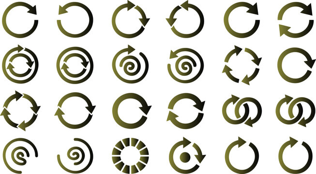 Collection of various circular arrow icons in gold on white background for business and technology concepts  symbols for cycle and rotation