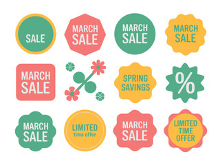 Colorful March Sale Spring Savings Badges and Labels for Discounts and Promotions
