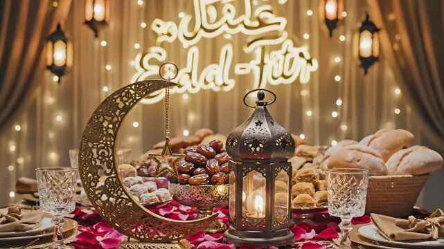 Eid al Fitr islamic celebration table with lantern crescent moon dates bread and festive decoration during ramadan kareem cultural dinner greeting concept animation video