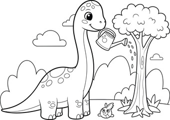 a delightful scene of a friendly brontosaurus carefully watering a tree while a cute bunny watches nearby in a charming illustration © Kibria