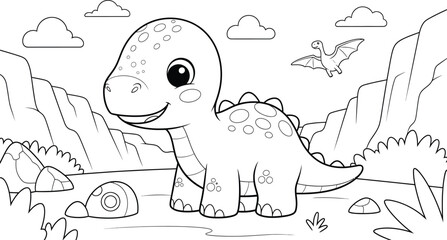 a delightful coloring page showcasing a cute baby dinosaur with a pterodactyl flying amongst clouds and prehistoric landscape elements high quality © Kibria