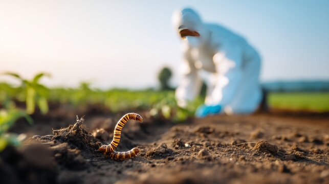 Inspection of Wireworm in Soil by Worker in Hazmat Suit on Farm Field
