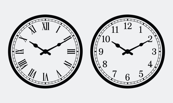 Set of Two Analog Clock Faces with Serif Roman Numerals and Arabic Numbers for Elegant Timekeeping and Classic Interior Design