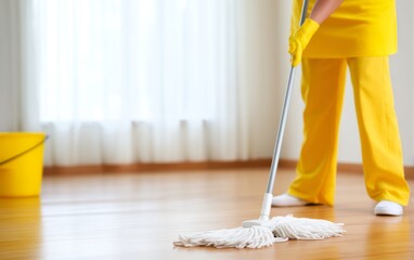 Fototapeta premium Housekeeper Cleaning Room with Mop and Bucket in Bright Interior
