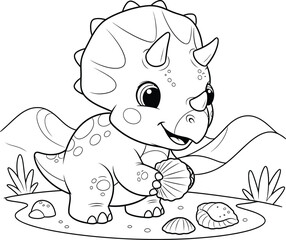 a delightful cartoon illustration depicts a charming baby triceratops with large eyes gentle features and a playful pose amidst foliage © Kibria