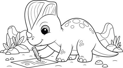 a charming cartoon triceratops diligently drawing on a piece of paper surrounded by playful vegetation and rocks high quality professional detailed © Kibria