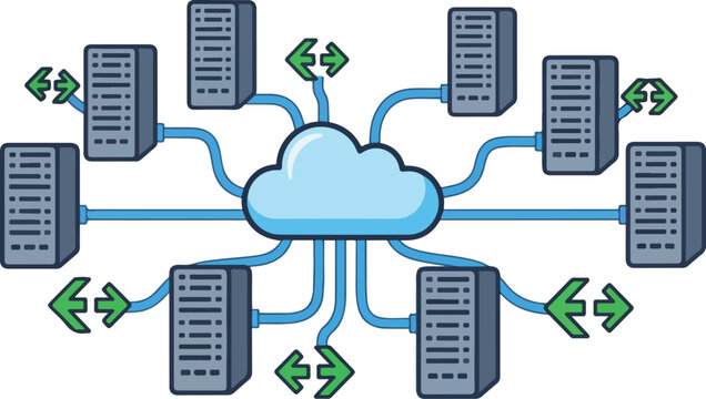 Network servers connect via cloud storage with arrows representing RJ Whisk auto data transfer