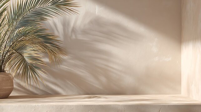 Awesome photo of minimalist interior background with a shelf and soft palm leaf shadows on a textured beige wall.