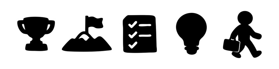 A set of black business icons representing success, goal setting, task management, innovation, and career progression on a white background.