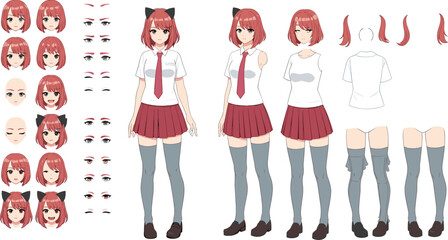 Anime school girl character creation kit with various facial expressions, hairstyles, and school uniform, © VectoVerse