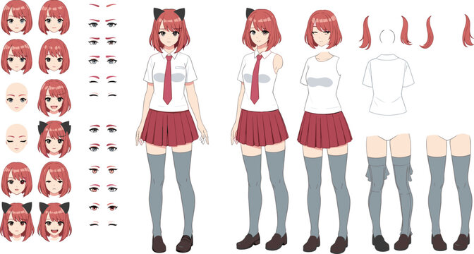 Anime school girl character creation kit with various facial expressions, hairstyles, and school uniform,