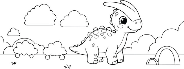 a charming illustration depicts a cute baby parasaurolophus dinosaur standing amidst fluffy clouds a playful scene for children high quality professional © Kibria