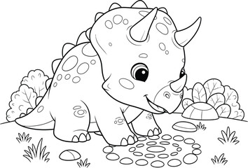 a charming illustration depicts a young triceratops dinosaur foraging amidst lush greenery and scattered stones perfect for coloring high quality professional © Kibria