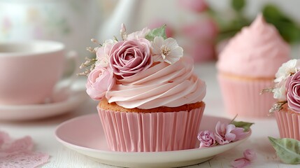 Awesome photo of beautifully decorated pink cupcakes with frosting flowers and pearls for a tea party.