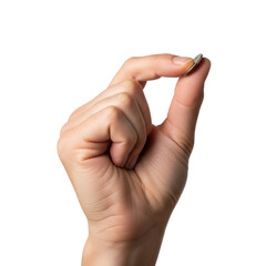 Fototapeta premium Human hand holding a small silver coin between thumb and index finger isolated on a transparent background