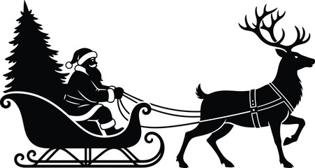 Santa Claus silhouette in sleigh with reindeer and Christmas tree, flying sled with presents, holiday winter season, festive celebration. © Masud