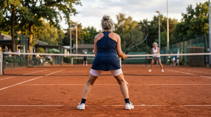 Obraz premium Rear view of active senior woman playing tennis on outdoor court - focused senior athlete during match at tennis club