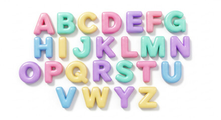 Colorful alphabet letters in pastel shades arranged in rows on white background for learning and education