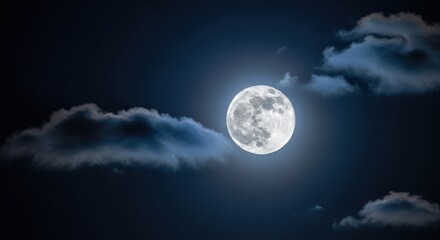 Full moon glowing brightly in the night sky with dramatic cloud formations