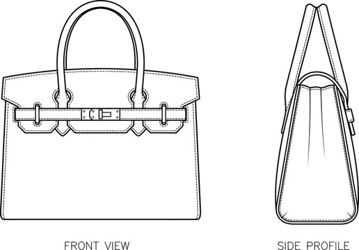 Luxury leather handbag technical flat sketch template, fashion tote bag, cad drawing flat vector illustration, women.