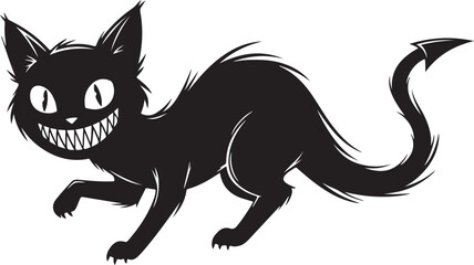 Fototapeta premium Cute but creepy shadow cat with glowing eyes and sharp smile, cartoon horror style, bold ink outlines, black and white vector illustration