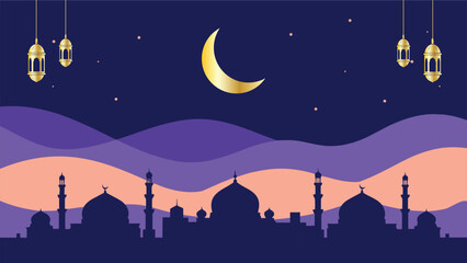 A stylized night scene featuring a golden crescent moon, stars, and hanging lanterns above a silhouette of a mosque with domes and minarets, set against a wavy purple and orange sky.