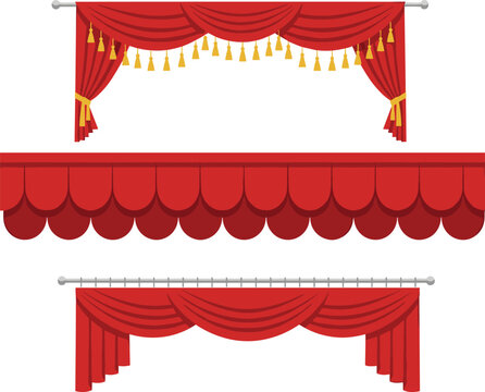 Classic red theater curtains and luxury stage valances with gold tassels cad drawing flat vector illustration