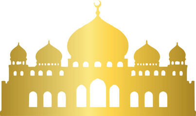 A golden silhouette of a grand mosque with multiple domes and arches against , forming a bold Islamic architectural design. © Baby AI