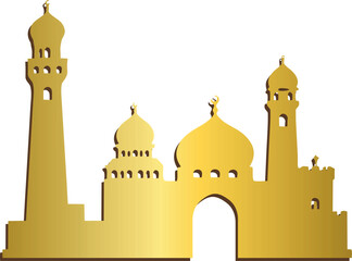 A stylized golden mosque with domes and tall minarets on a black background, featuring subtle brown shading for a decorative Islamic architectural skyline. © Baby AI