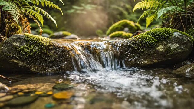 Serene Forest Stream Waterfall Mossy Rocks Lush Green Ferns Sunlight Rays.