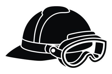 Fototapeta premium PPE protective gear eye protection Black and white silhouette of a hard hat with attached protective goggles