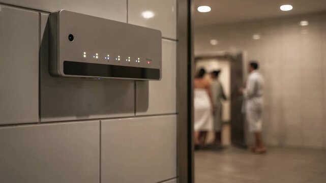 Medium shot of a sensorequipped door counter monitoring bathhouse occupancy with blurred background emphasizing efficient foot traffic tracking for optimized cleaning schedules.