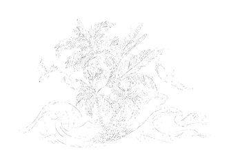 Black and white line of palm trees with ocean waves and birds